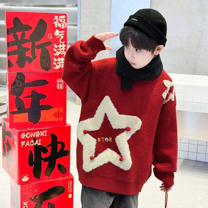男女童韩版红色星星提花针织衫毛衣秋冬加厚可爱休闲风保暖套头衫