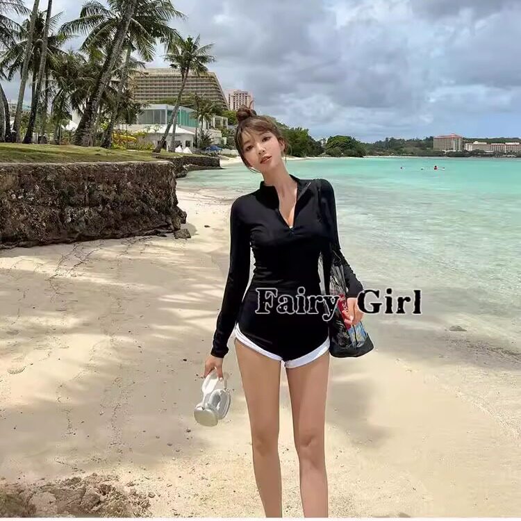 长袖分体保守高腰拼色游泳衣女款高级感2025新款平角裤女士泳衣