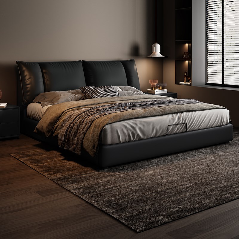 新款真皮床现代简约1米8双人主卧室高端大气实木软包储物黑色大床