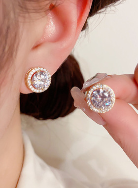 s925银针小巧精致简约锆石圆形耳钉女2023年新款潮小众设计感耳饰