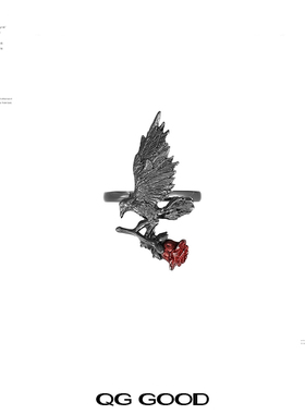 原创小众设计个性百搭食指戒暗黑风乌鸦玫瑰戒指女ins冷淡风时尚