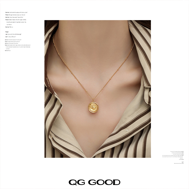 QG法式复古人像硬币项链女小众设计感高级锁骨链2025新款气质配饰