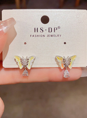 小众时尚百搭蝴蝶吊水滴耳坠女个性独特气质简约设计感耳环