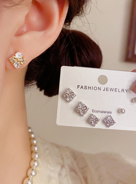 日韩时尚菱形蝴蝶结珍珠三件套耳钉精致小巧日常通勤百搭耳环批发