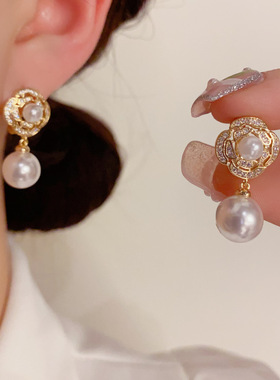 韩式简约甜美微镶花朵珍珠耳扣女优雅时尚高级感温柔气质耳环