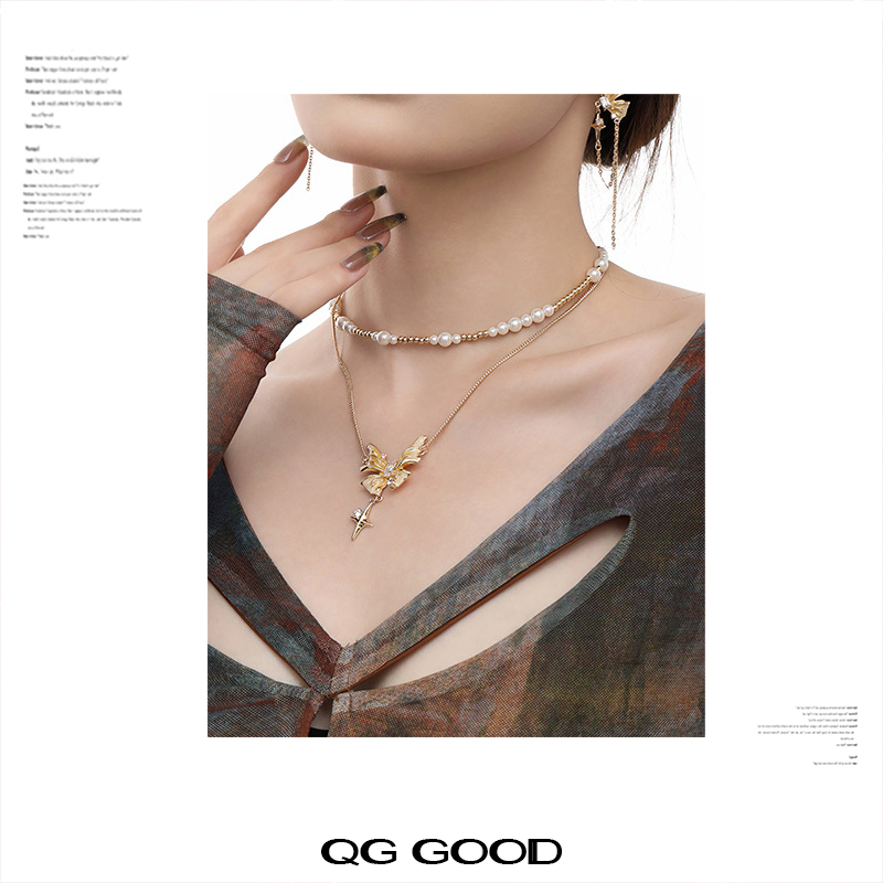 金枫蝴蝶秋冬氛围感双层珍珠项链女小众气质颈链穿搭节日礼物高级