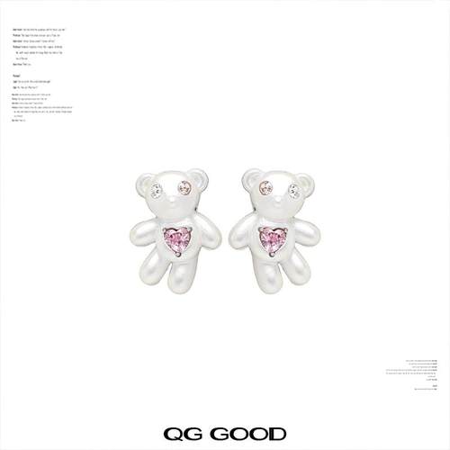 白色卡通小熊耳钉女原创设计小众甜酷风精致轻奢气质925银针耳饰