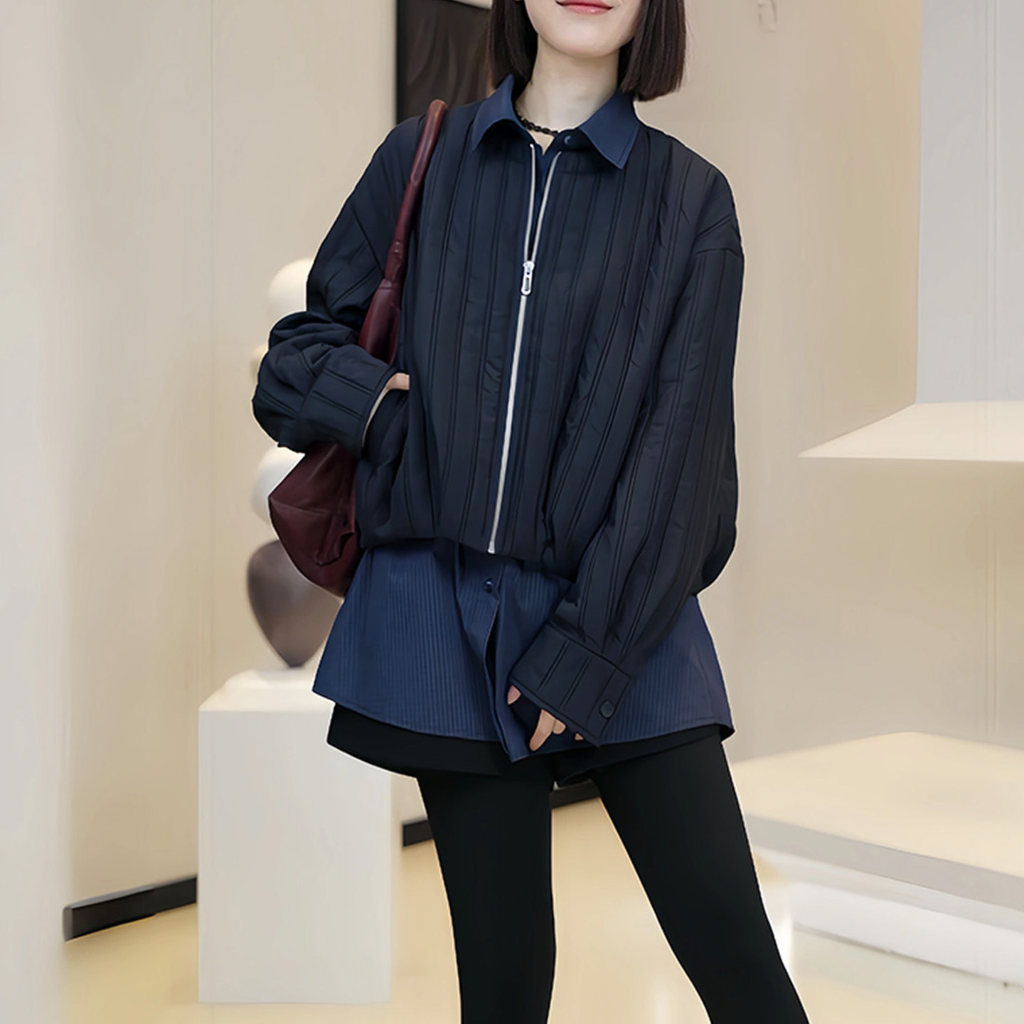 法式气质假两件衬衫外套