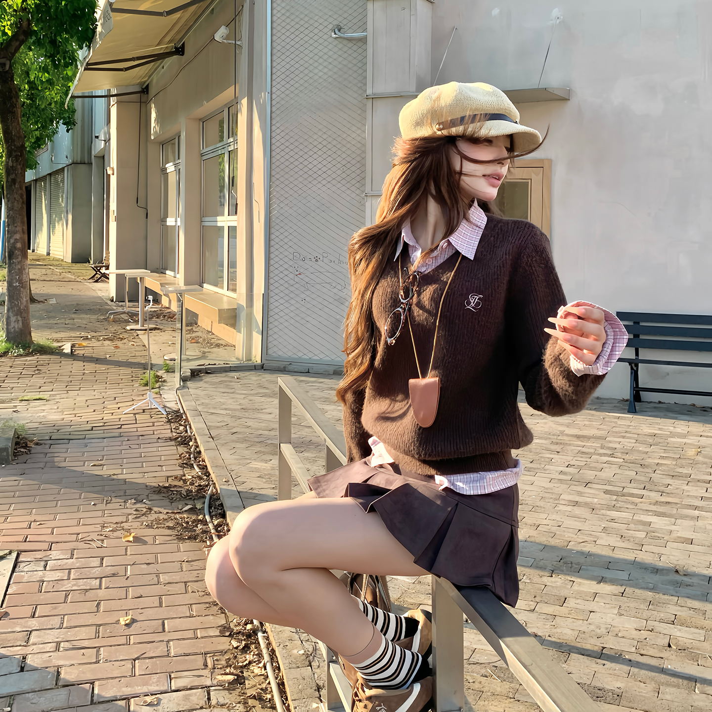 美拉德学院风假两件衬衫拼接毛衣