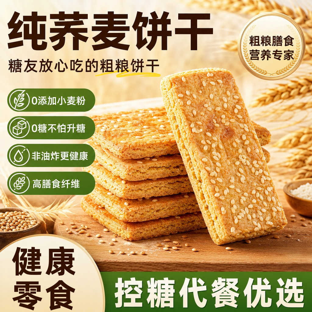 无蔗糖粗粮健康饼干!纯荞麦饼干