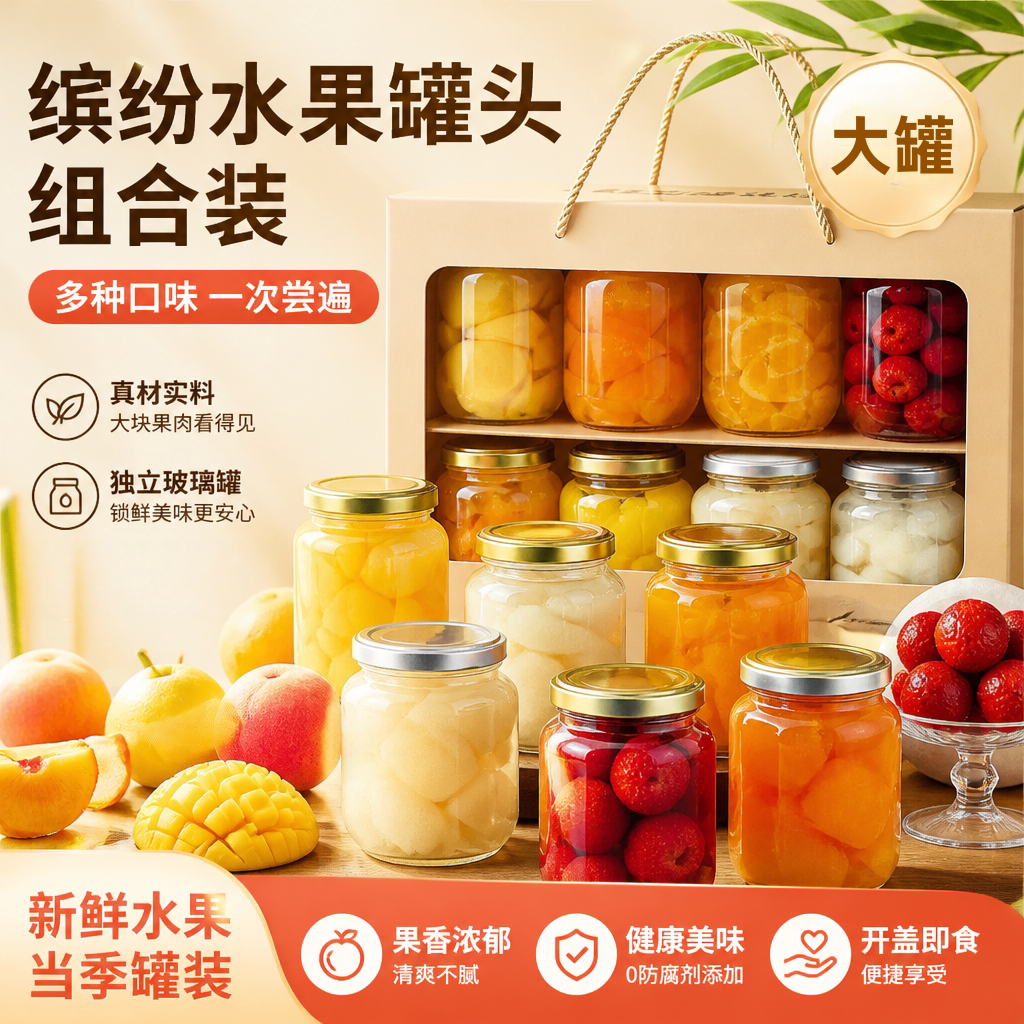 多种罐头组合!新鲜黄桃凤梨罐头