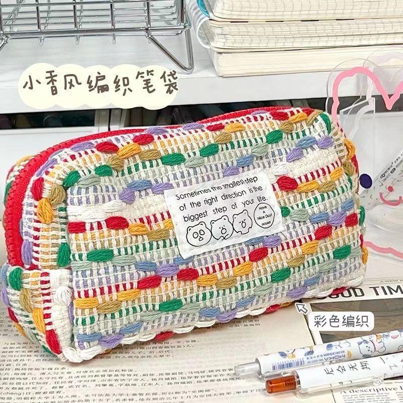 彩虹编织ins笔袋小众香风毛线设计感撞色大容量高颜值学生收纳