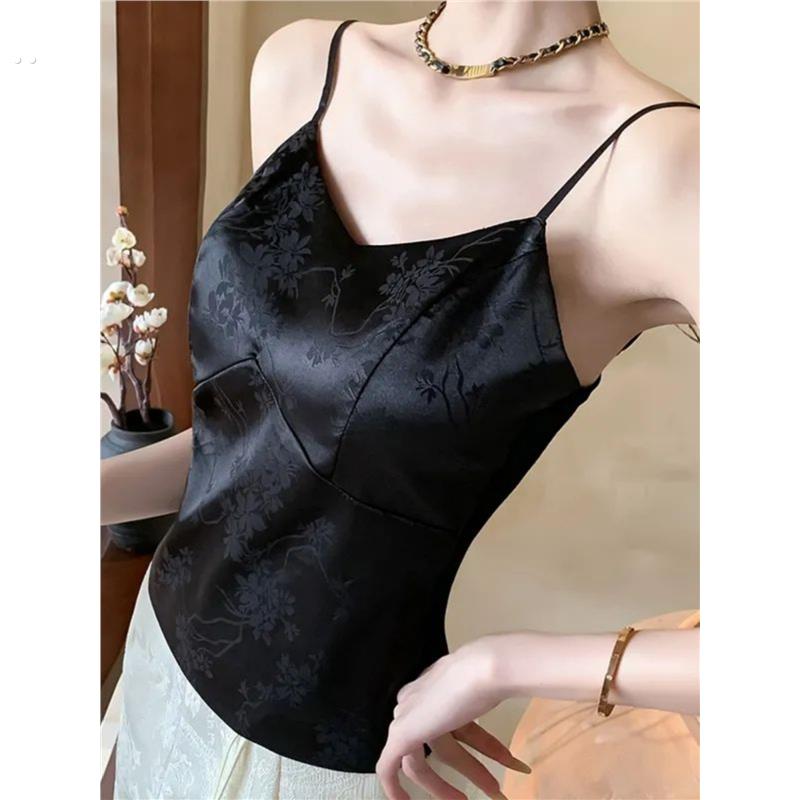 法式提花缎面吊带背心新中式上衣背带胸垫短款打底抹胸美上衣小众