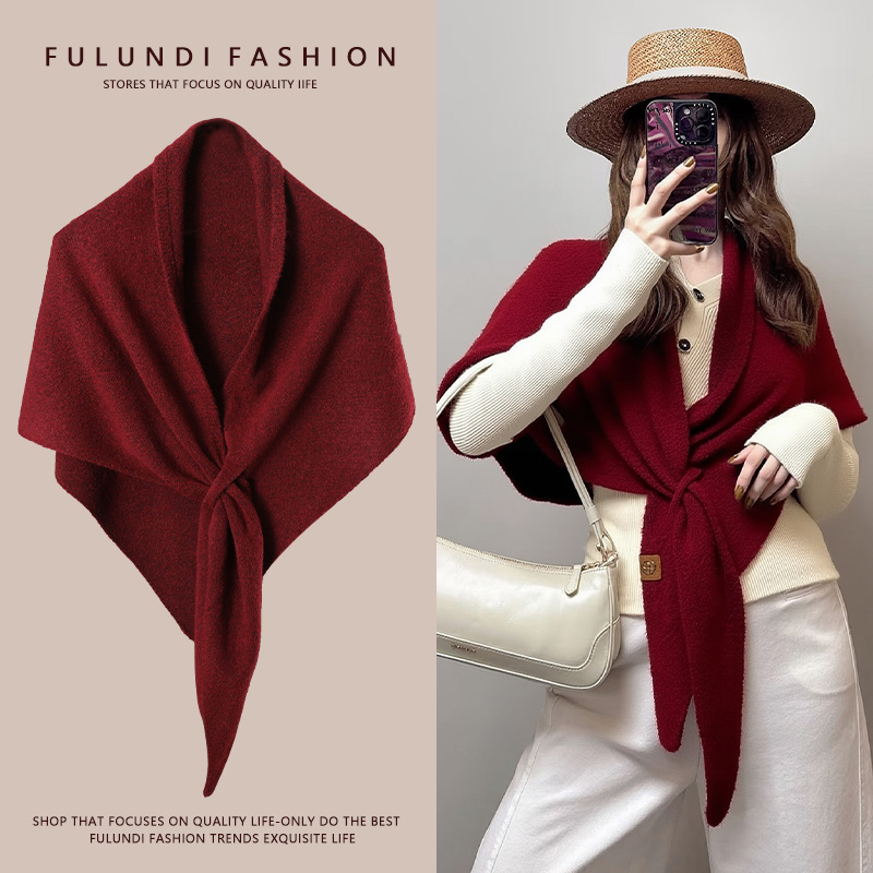 安可拉红含羊毛三角围巾大披肩