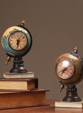 欧式复古别墅样板间酒店吧台装饰品钟表摆件卧室电视柜地球仪时钟