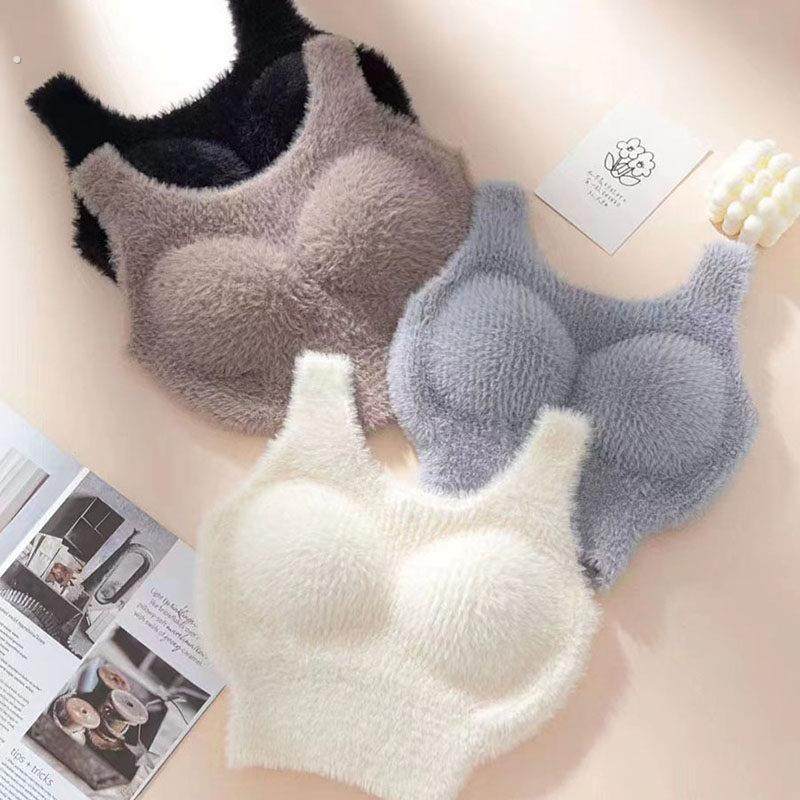 带胸垫加绒吊带背心羊羔绒毛绒保暖打底衫秋冬免穿文胸一体式内搭