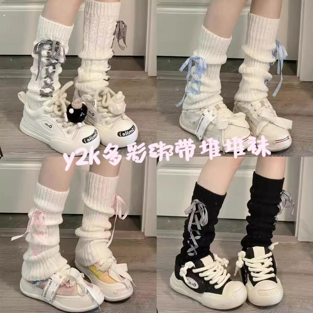 女童y2k少女亚文化小众腿套幼儿园显瘦格纹蝴蝶结绑带堆堆袜宝宝