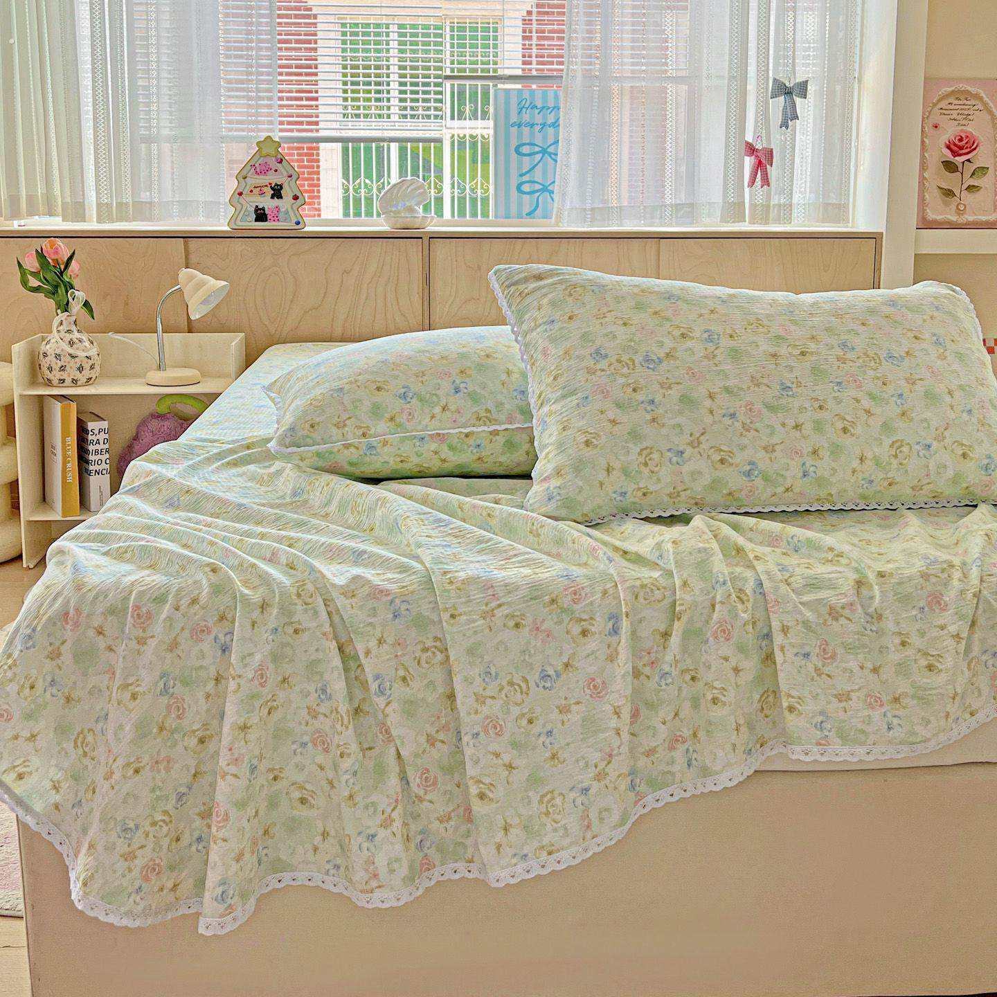 田园风绿色碎花花边床单单件主卧双人印花亲肤床罩被单枕套水洗棉