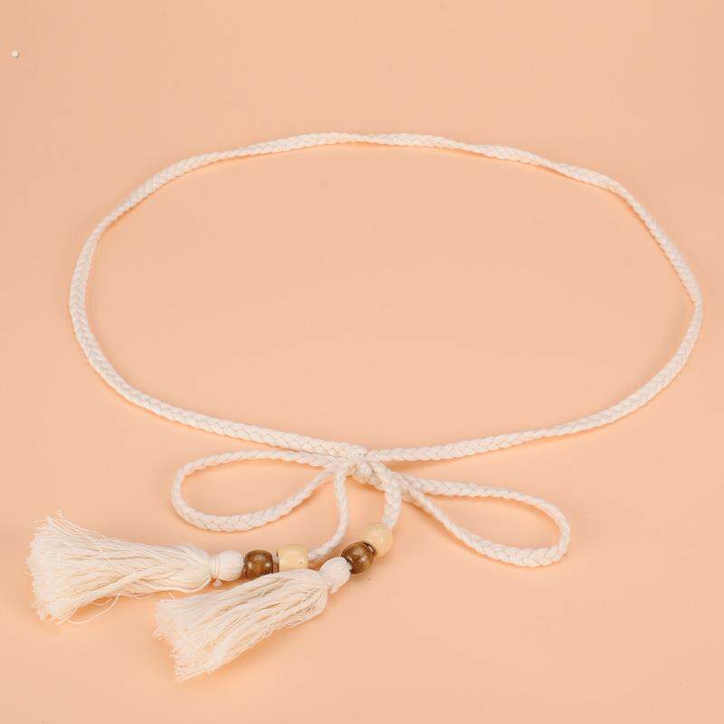 文艺范棉绳编织腰炼 配裙子女士长版打结腰带 流苏装饰窄款腰炼女