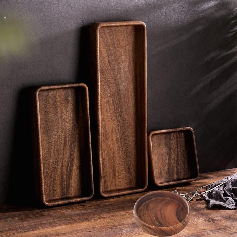 胡桃木盘子中式实木深槽托盘零食糕点盘方圆形家用可重叠个人茶盘