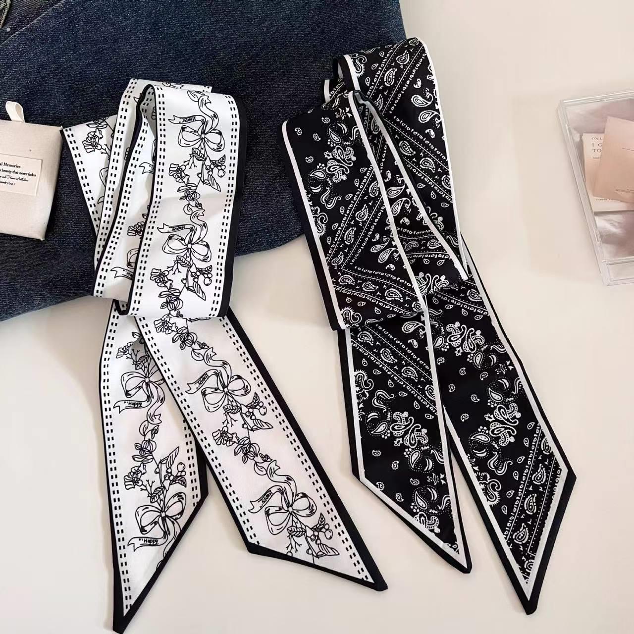 覆古黑色花卉双面细窄长条小丝巾气质百搭腰果花发带绑发飘带女