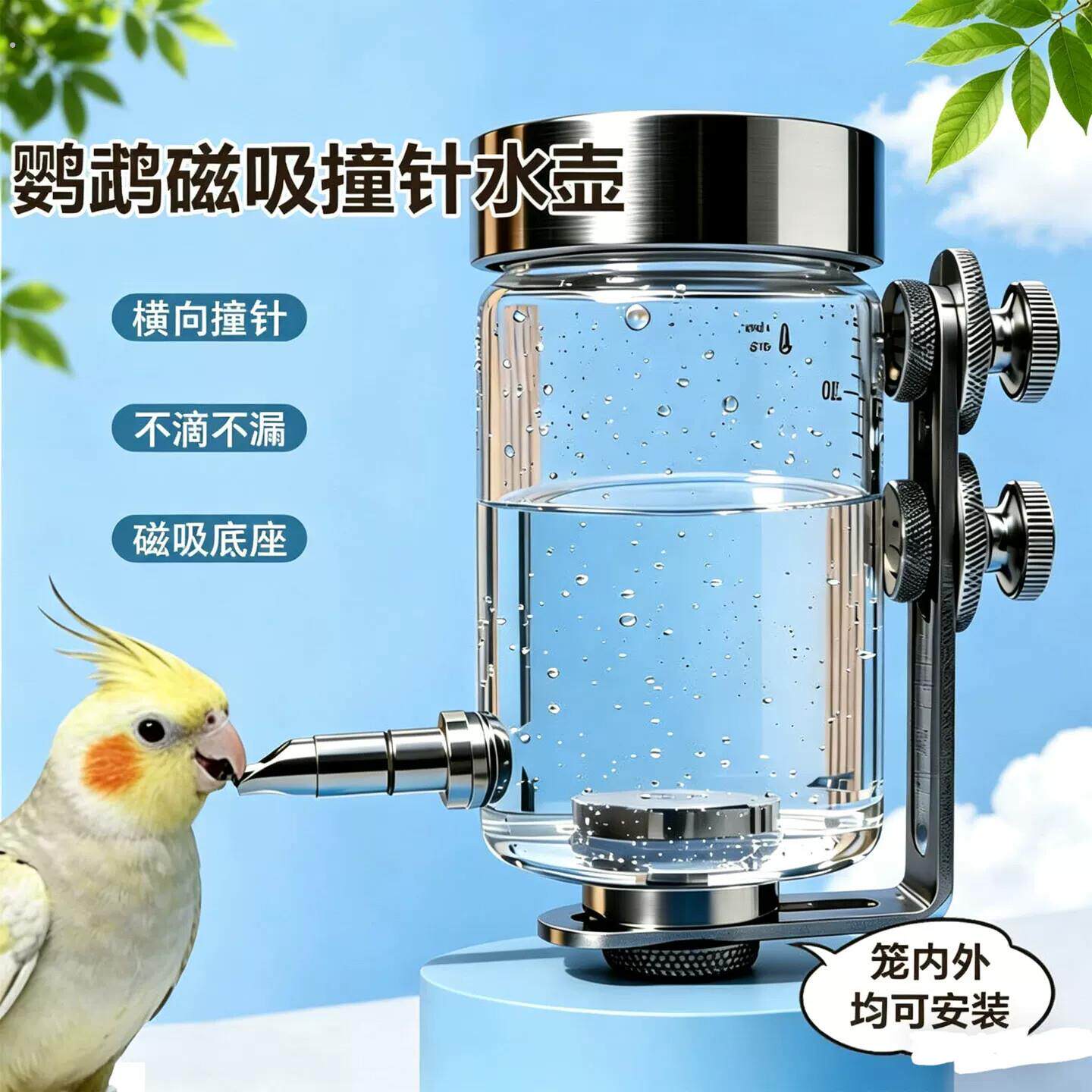 磁吸款鹦鹉自动饮水器撞针水壶不锈钢牡丹玄凤小太阳喝水喂水神器