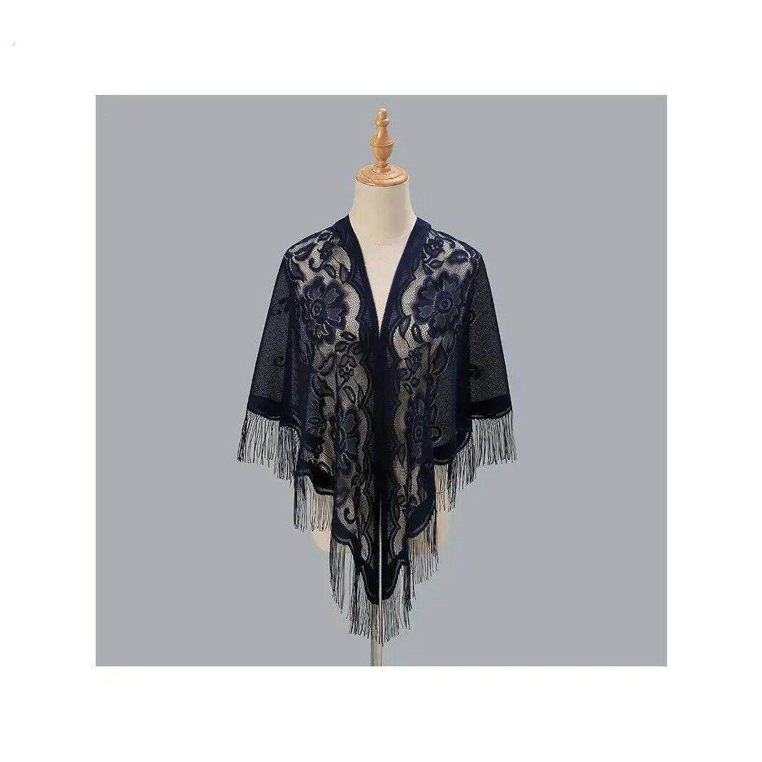 夏季旗袍披肩2024新款女薄款斗篷流苏外搭蕾丝红色黑色白色三角巾