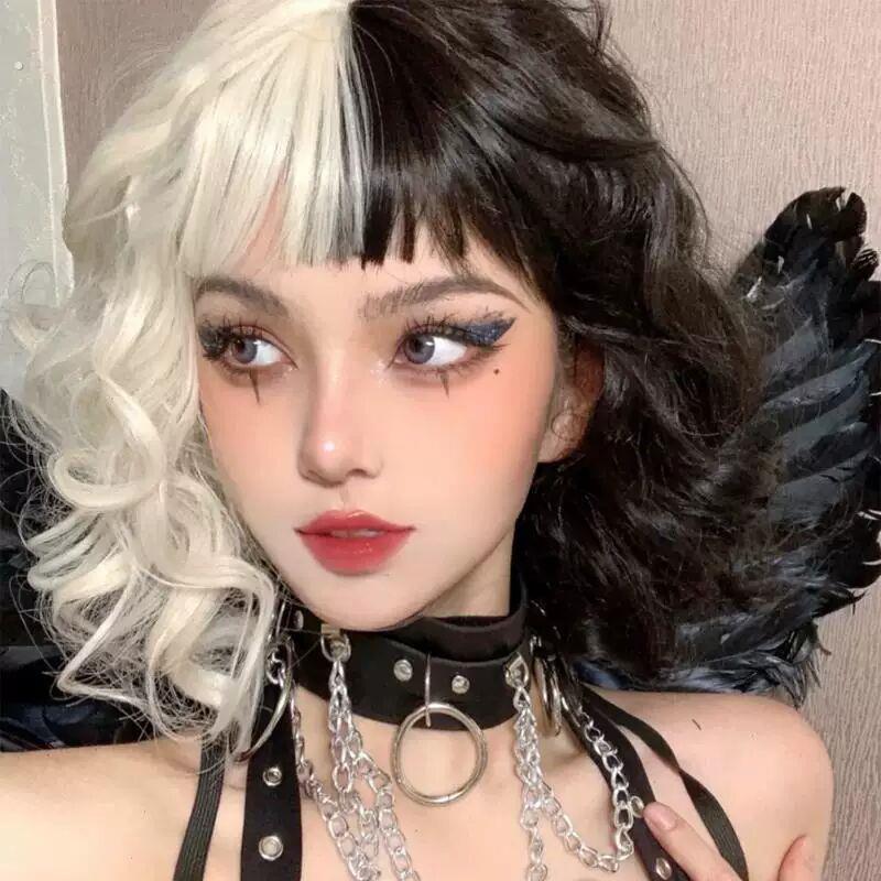万圣节假发黑白魔女库伊拉同款双拼阴阳头短卷发个性仿真发全头套