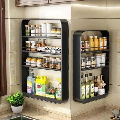 免打孔碳钢厨房调料置物架调味品壁挂式墙上多层调味料收纳架子