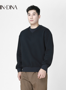 黑色圆领卫衣男装2025年新款秋冬保暖百搭宽松长袖上衣内搭打底衫