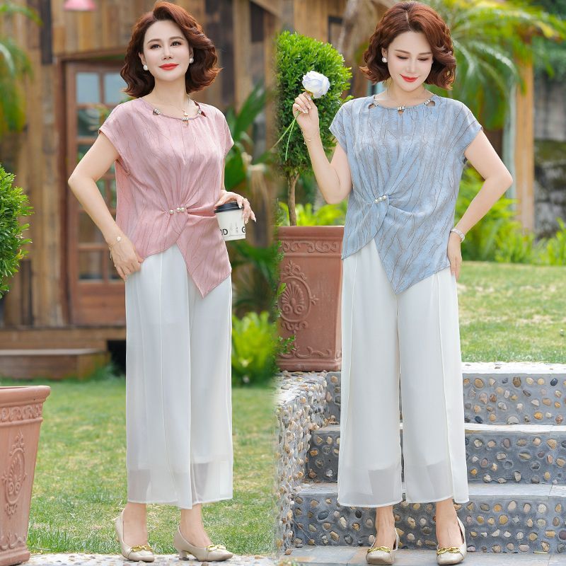 妈妈时尚夏装洋气套装短袖2025新款中老年上衣气质夏季两件套高贵