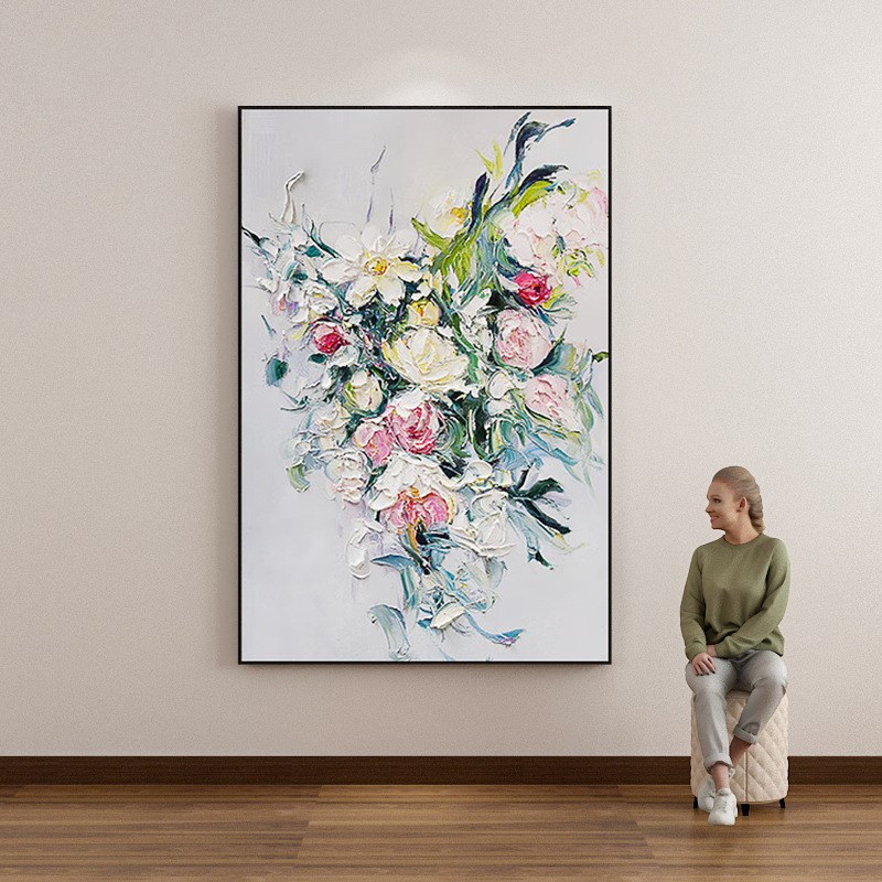纯手绘油画花g卉牡丹装饰画玄关卧室背景墙墙壁走廊办公室图片