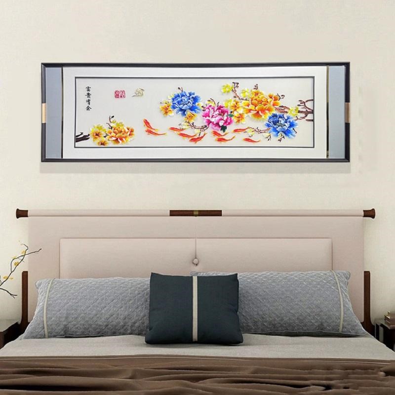 牡丹花床头挂画花开富贵餐厅苏绣沙发背景墙装饰画新中式横幅壁画图片