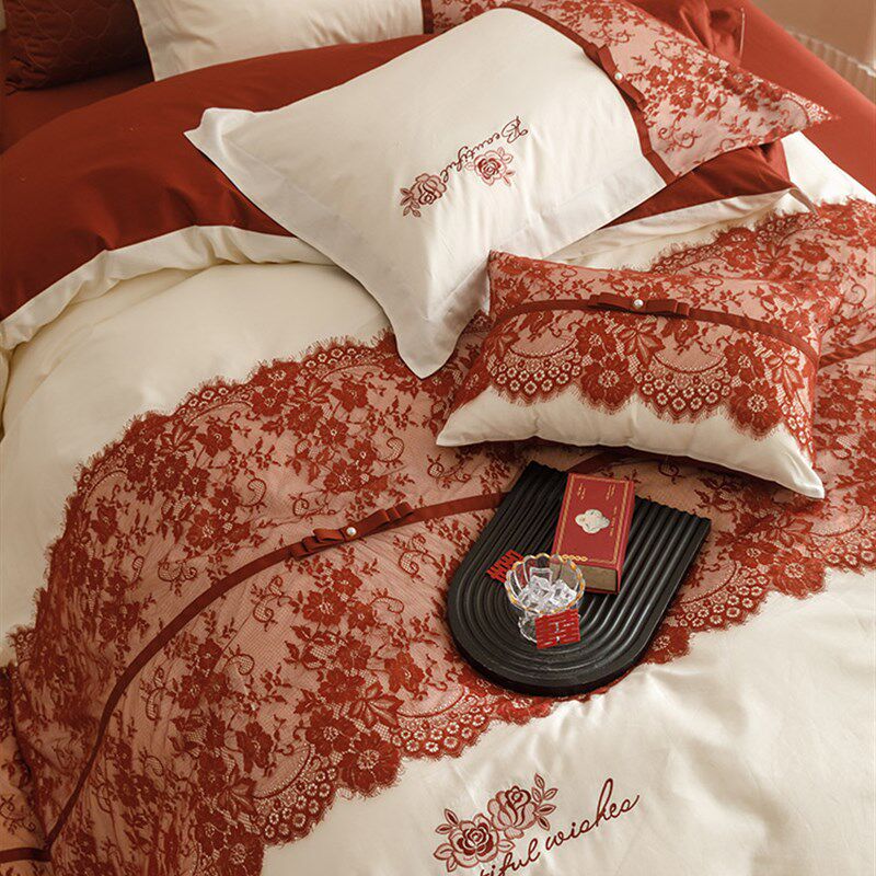 恒洽家纺婚庆全棉床四件套0支长绒棉蕾丝结婚被套床上用品.,床上用品,婚庆床品套件,淘宝优惠券,粉丝福利购,淘宝优惠卷