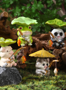 创意熊猫青蛙钓鱼小花园流水微景观盆景水族箱鱼缸造景装饰品