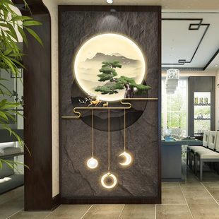 新中式 墙纸壁纸 迎客松走廊玄关装 饰壁画轻奢山水麋鹿楼梯过道竖版