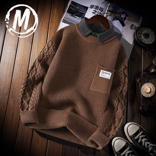 带领假两件毛衣男款 针织衫 秋冬装 加厚男士 粗毛线衣纯色打底衫 衬衫