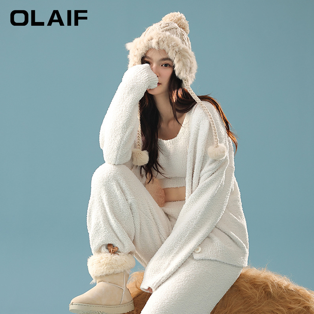 OLAIF半边绒三件套软绵绵秋冬加厚家居服女士保暖简约风睡衣套装