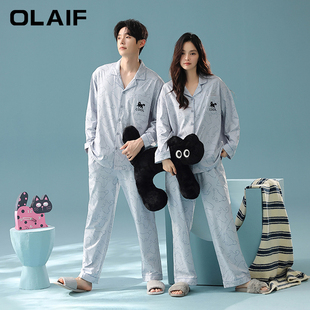 情侣睡衣猫咪简笔画家居服套装 纯棉长袖 新款 OLAIF抗菌新疆棉秋季
