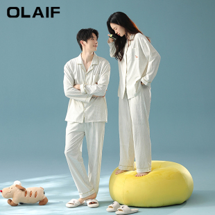 家居服套装 新款 情侣睡衣秋季 OLAIF抗菌新疆棉条纹慵懒纯棉长袖