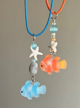 冰川蓝顽皮小丑鱼项链女小众设计感猫眼石串珠吊坠海星颈链锁骨链