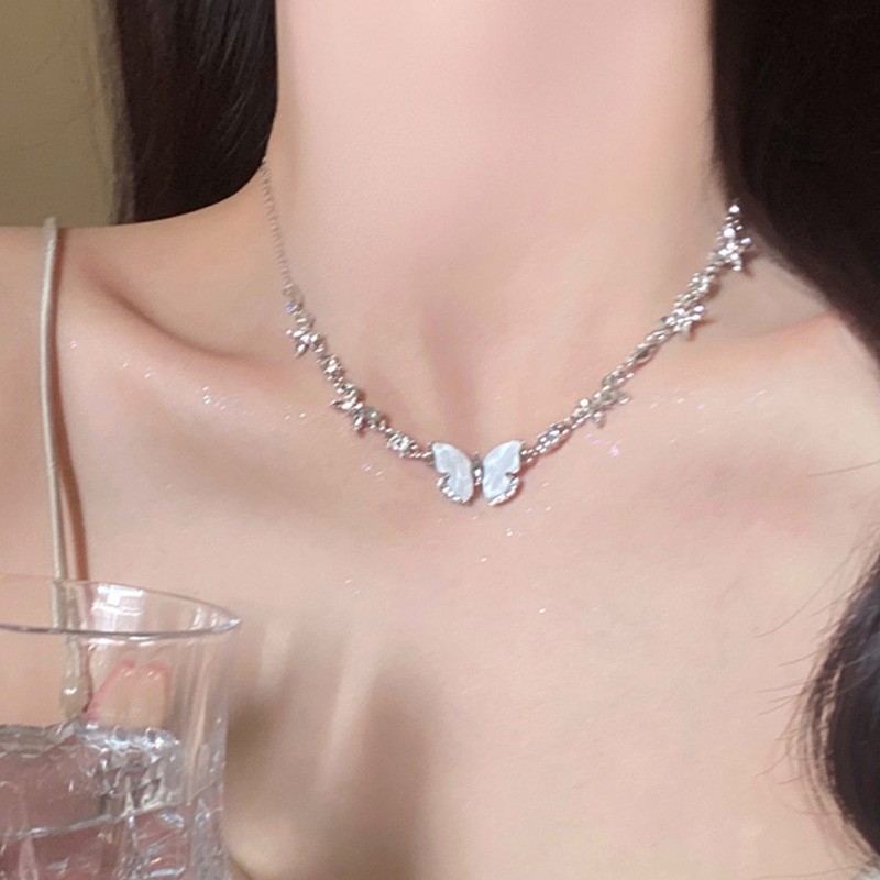 蝴蝶锁骨链颈链吊坠项链高级感轻奢小众贝母镶钻送女友配饰首饰女