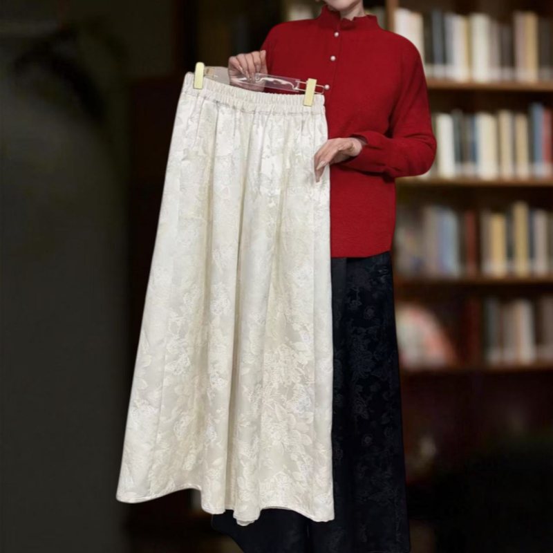 新中式国风2026春新款桑蚕丝羊毛50姆米牡丹提花阔腿裤百搭裙裤