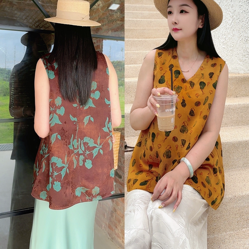 夏季桑蚕丝印花V领显瘦背心