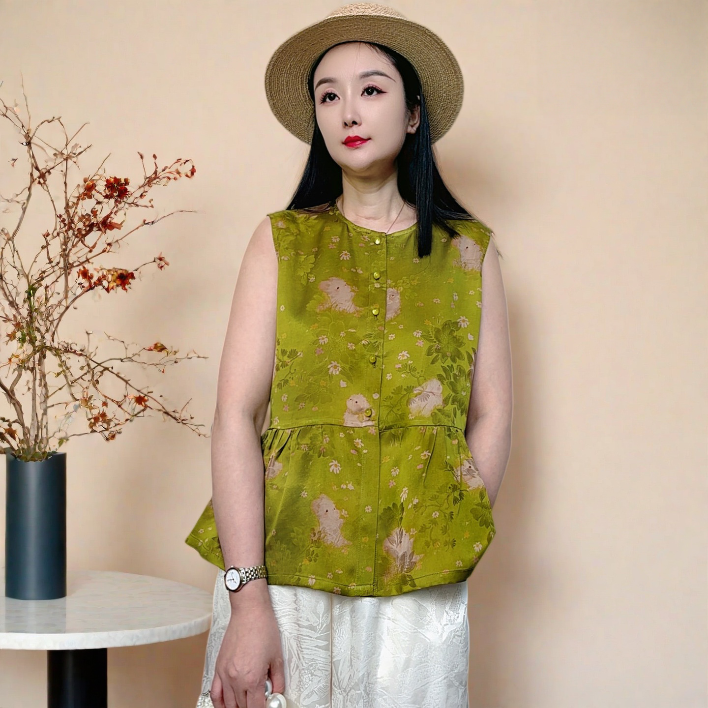 沁月新中式女装100%桑蚕丝红云纱夏季无袖坎肩国风真丝上衣小衫