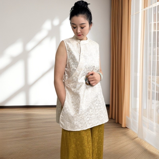 桑蠶絲宋錦蘿提花百搭國風(fēng)奧黛馬甲 上衣夏季 新中式 提花無袖