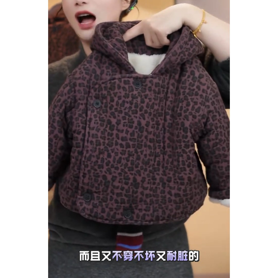 儿童棉服套装2025新款冬季加绒加厚洋气连帽豹纹保暖棉衣棉裤卫衣