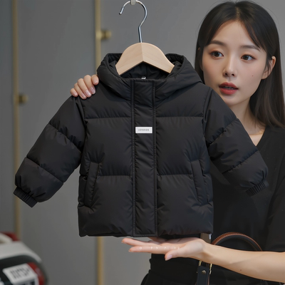 女童短款羽绒服黑色连帽面包服