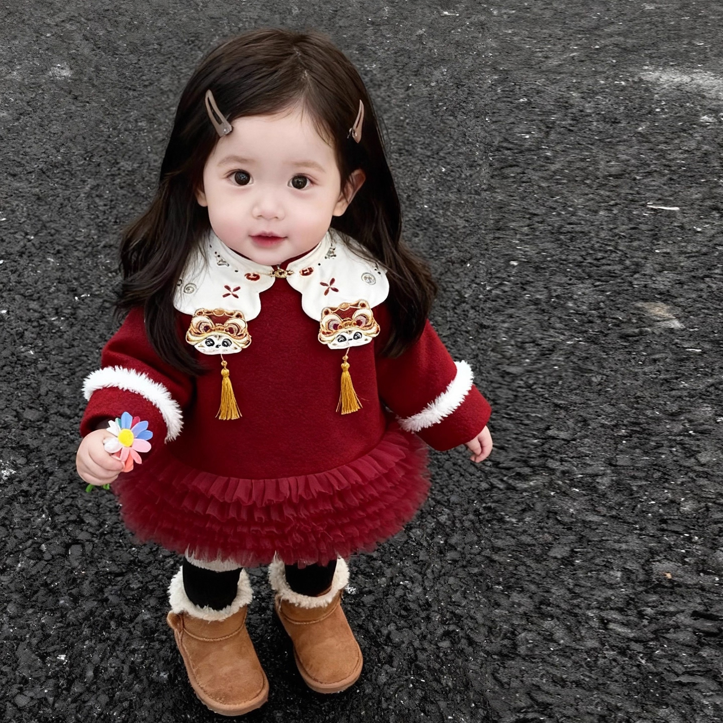 女童中国风红色新年连衣裙