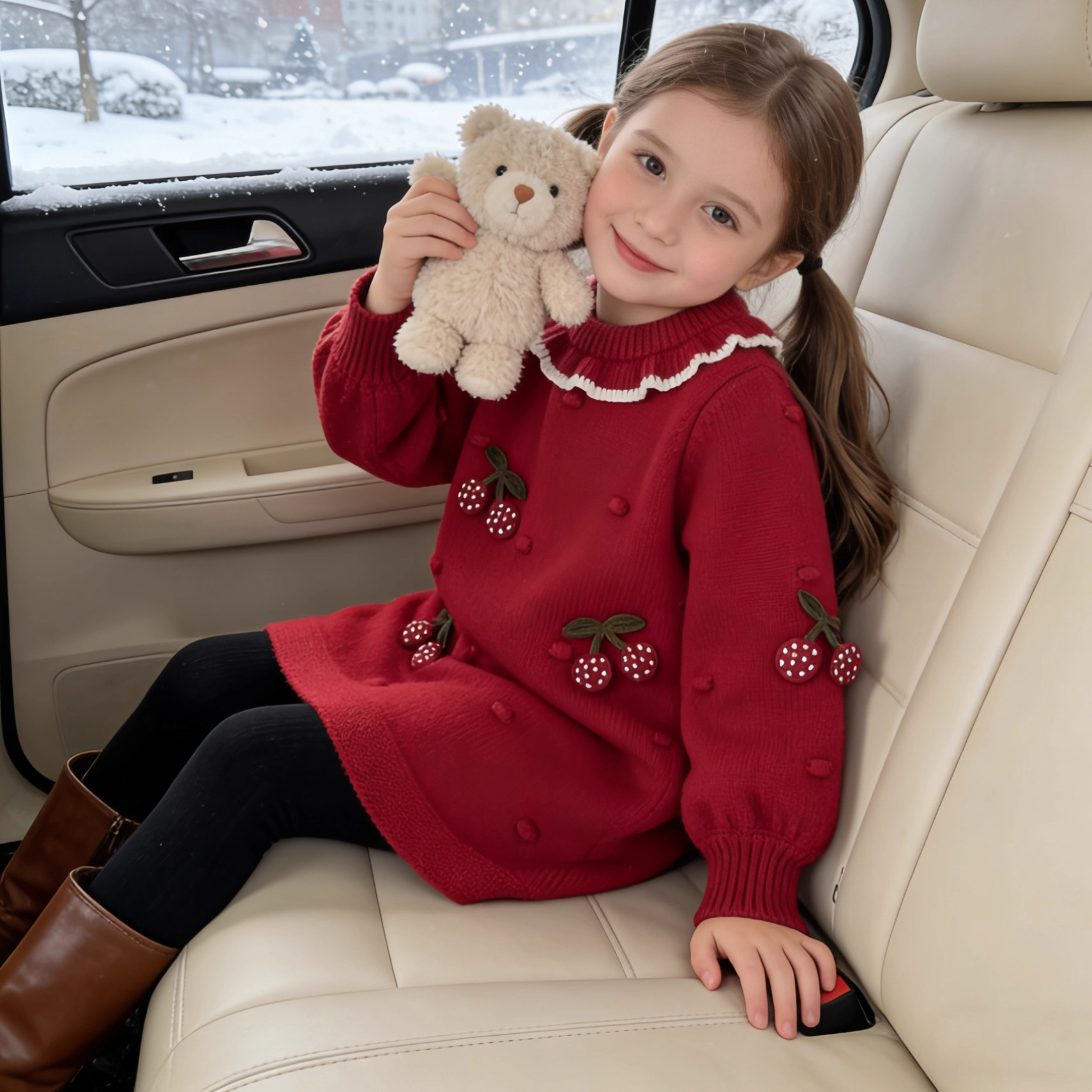 女童秋冬加厚樱桃针织公主裙